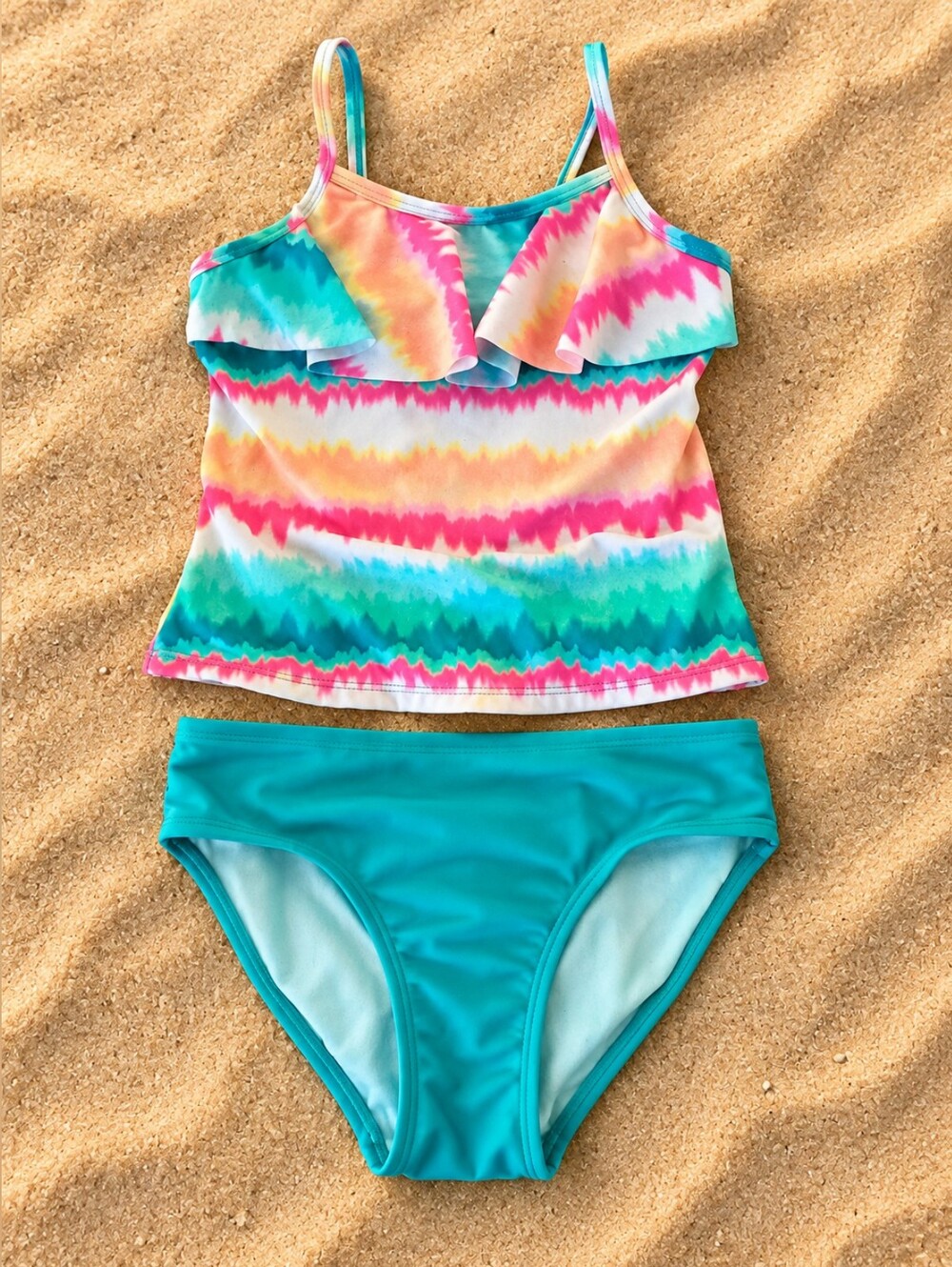 Breaking Waves Girls 7/8 Tie Dye Ruffle Tankini 2 Piece Swimsuit